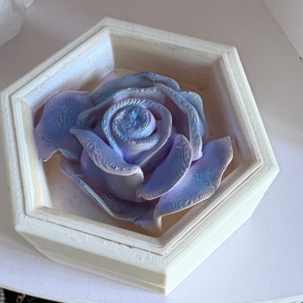 New Hexagonal 3D Jewelry Box with Blue and Purple Handpainted Rose